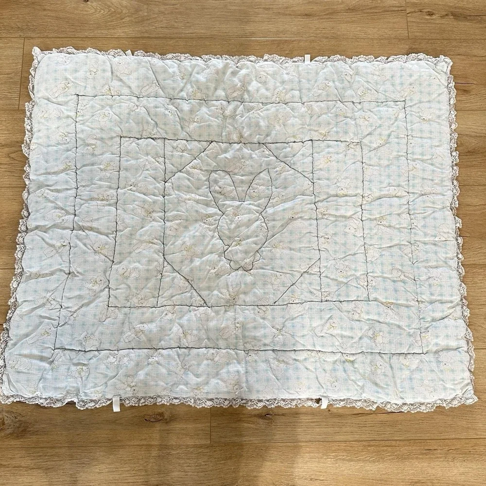 VTG Baby Blanket Pastel Bear Bunny Babies Crib Cover Quilted Hand Stitched 1990s